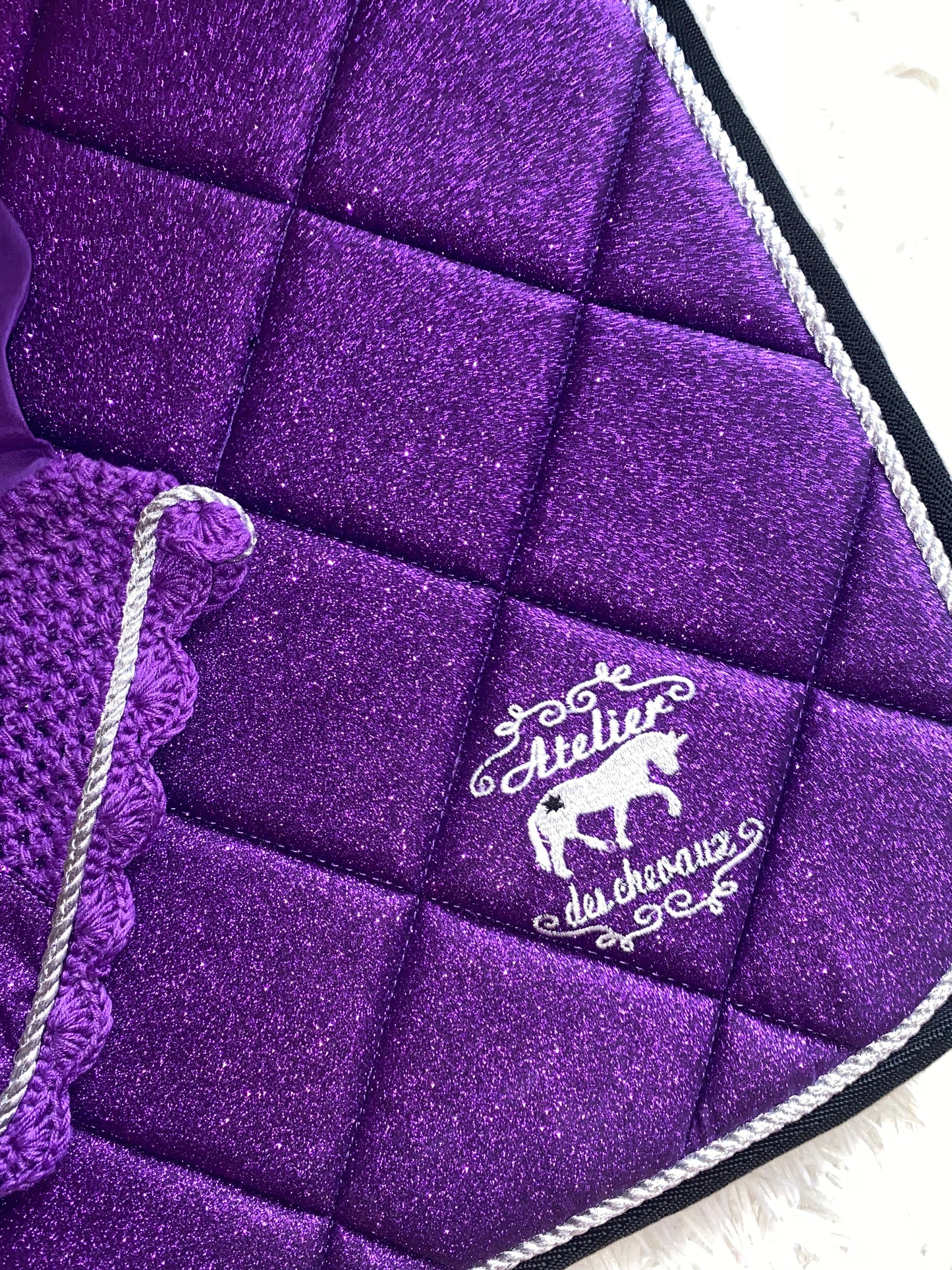 Sottosella e cuffietta da dressage viola glitter