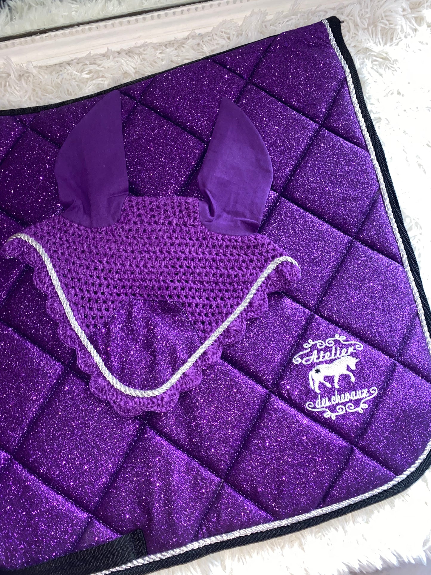 Sottosella e cuffietta da dressage viola glitter