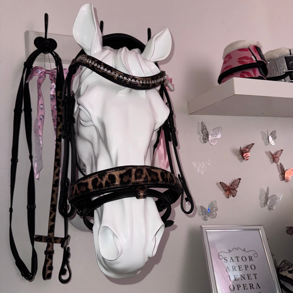 Bridle with reins leopard brown