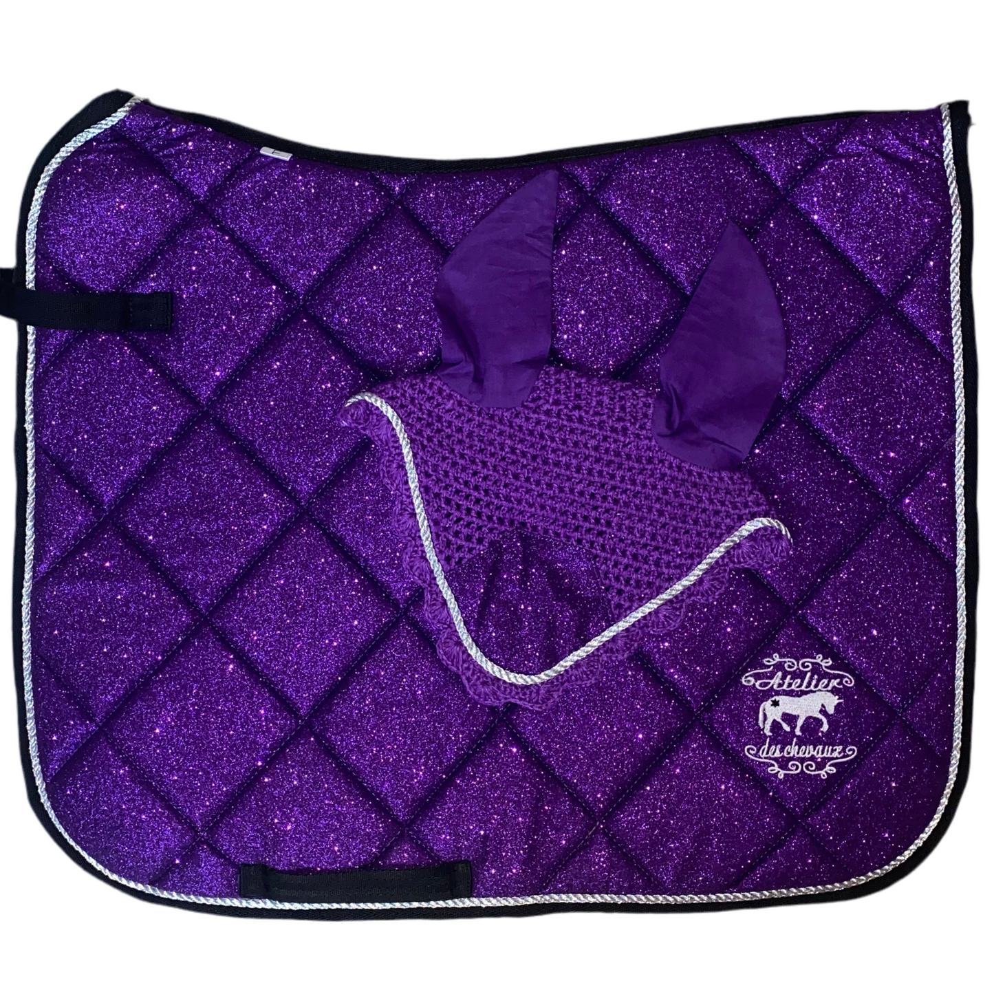 Sottosella e cuffietta da dressage viola glitter