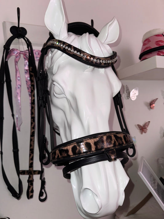 Bridle with reins leopard brown