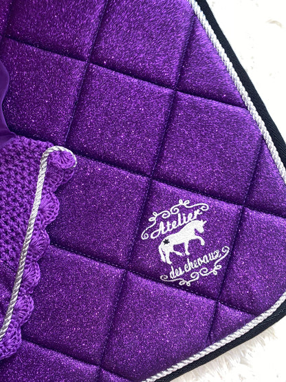 Sottosella e cuffietta da dressage viola glitter