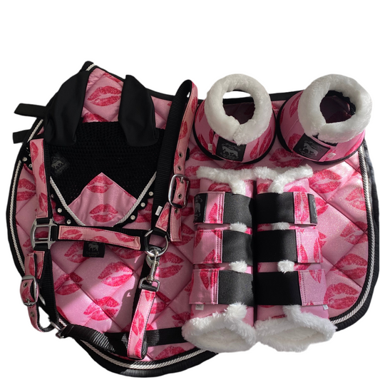 Completo da salto rosa glitter con baci