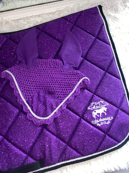 Sottosella e cuffietta da dressage viola glitter