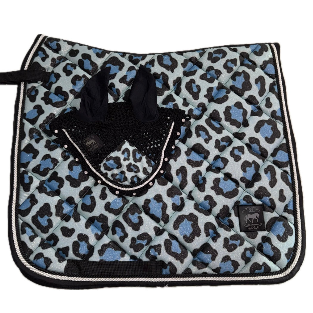 Saddlepad dressage and bonnet leopard blue glitter