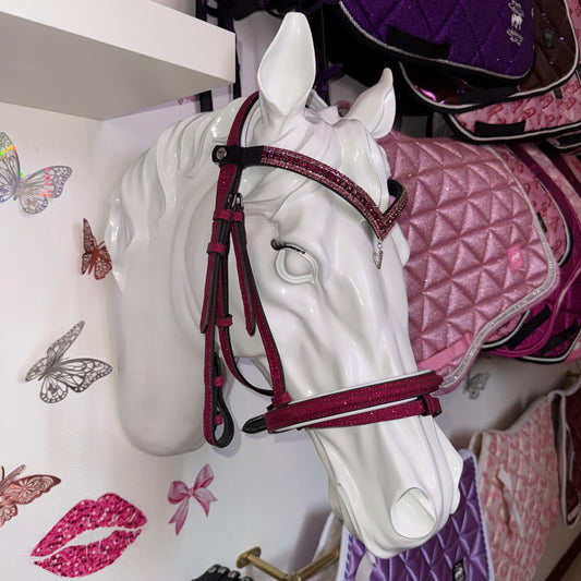 Bridle, browband heart charm and reins fuchsia glitter