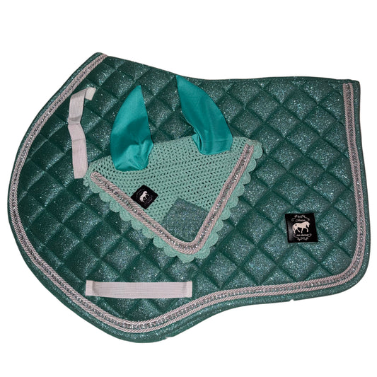 Saddlepad showjumping and bonnet aqua green glitter