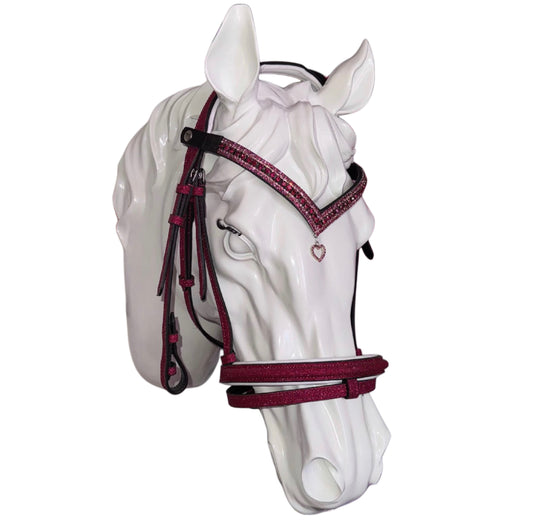 Bridle, browband heart charm and reins fuchsia glitter
