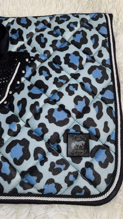 Saddlepad dressage and bonnet leopard blue glitter
