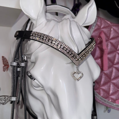Bridle, browband heart charm and reins silver glitter