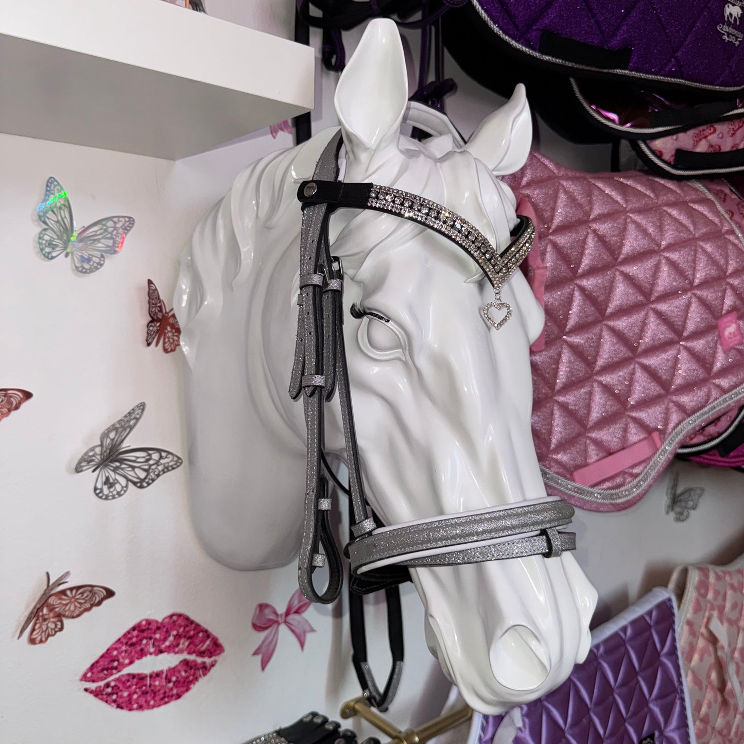 Bridle, browband heart charm and reins silver glitter