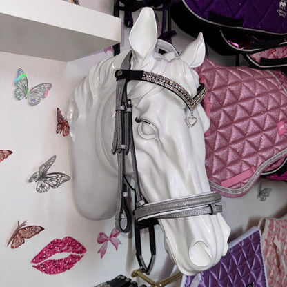 Bridle, browband heart charm and reins silver glitter