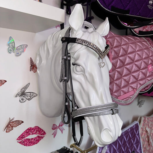 Bridle, browband heart charm and reins silver glitter