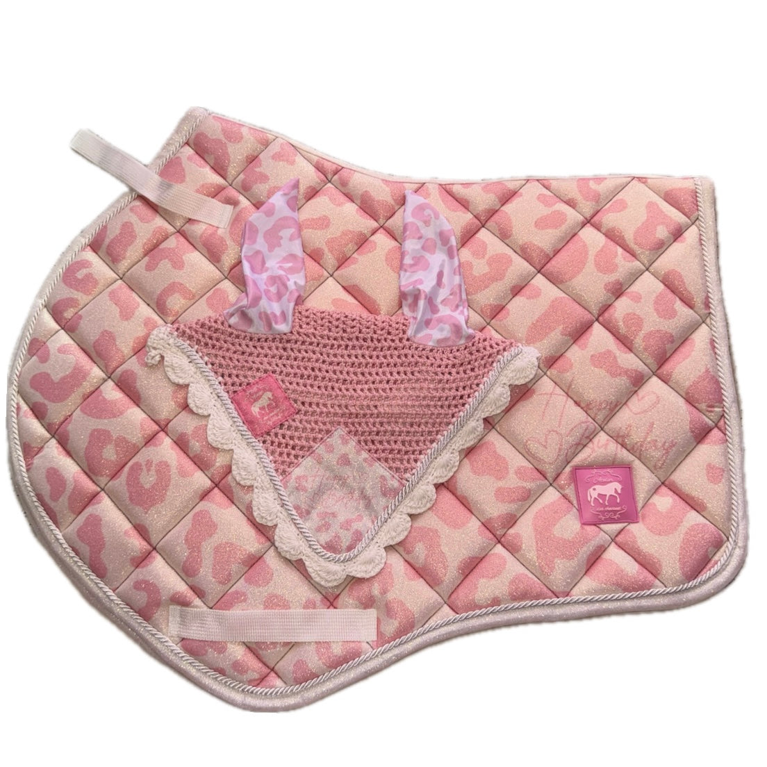 Saddlepad showjumping and bonnet Happy Birthday leopard glitter