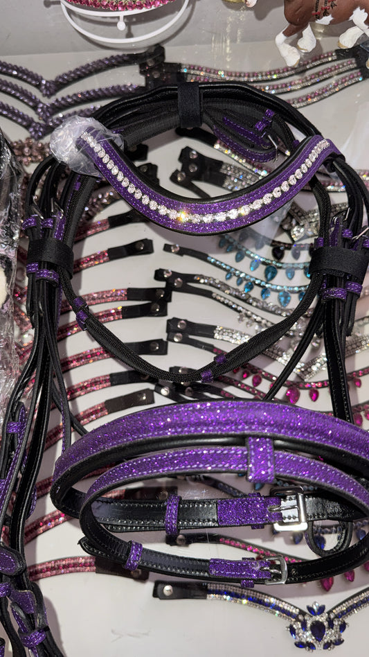 Bridle with reins purple glitter