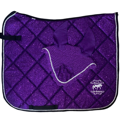 Sottosella e cuffietta da dressage viola glitter