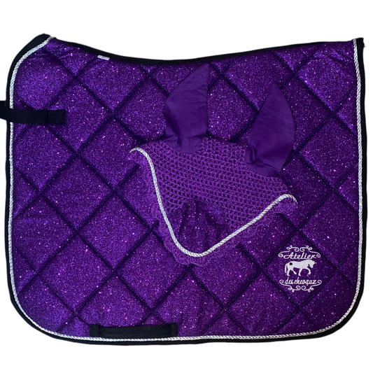 Sottosella e cuffietta da dressage viola glitter