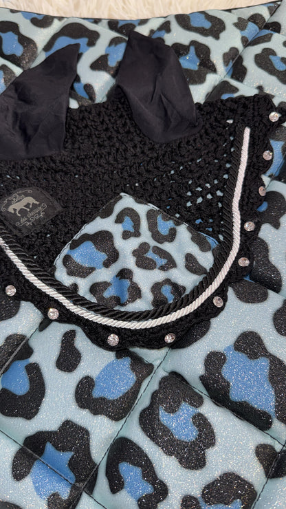 Saddlepad dressage and bonnet leopard blue glitter