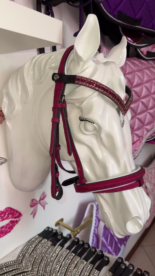 Bridle, browband heart charm and reins fuchsia glitter